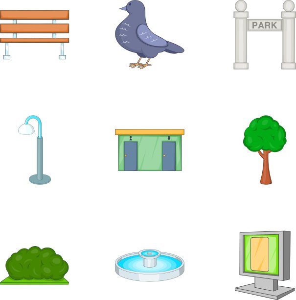 园林景观图标设置卡通风格图片下载