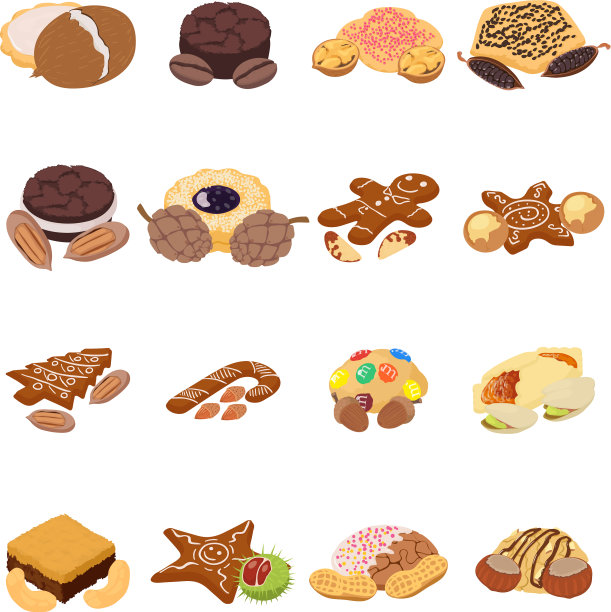坚果饼干图标设置等距风格图片下载