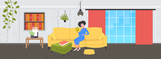 孕妇坐在沙发上看书的女孩图片下载