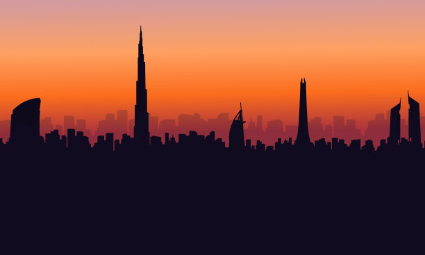 夕阳下迪拜建筑的剪影图片下载