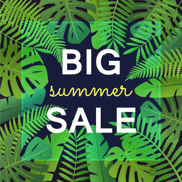 印有热带树叶的夏季大促销横幅图片下载