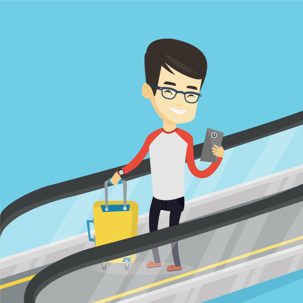 一名男子在机场自动扶梯上使用智能手机图片下载
