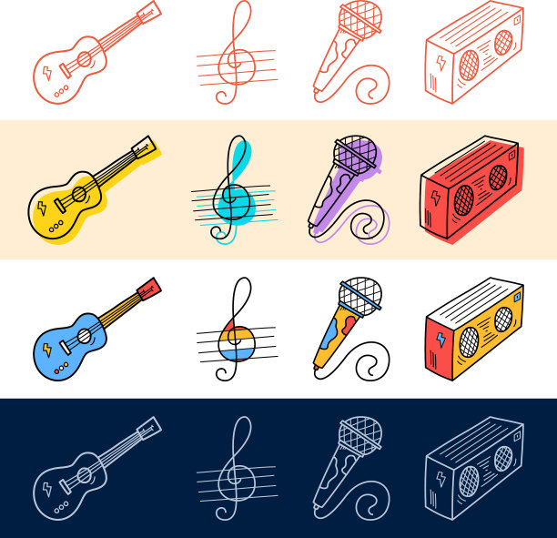 手画吉他音符麦克风图标设置图片下载