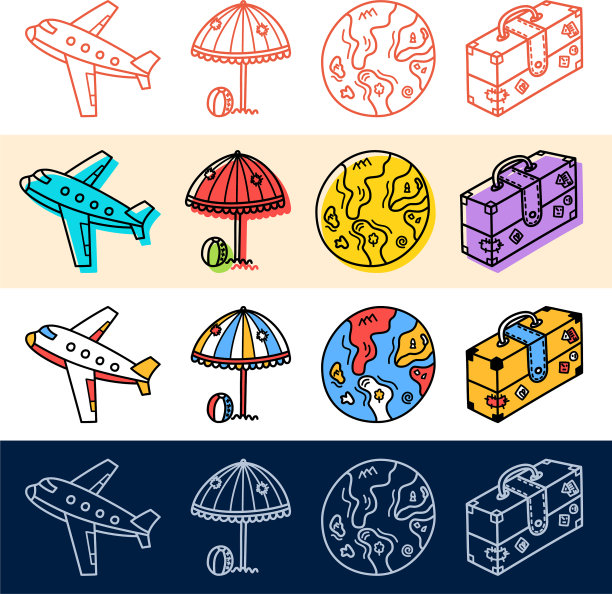 手绘平面旅行地球图标设置在涂鸦图片下载