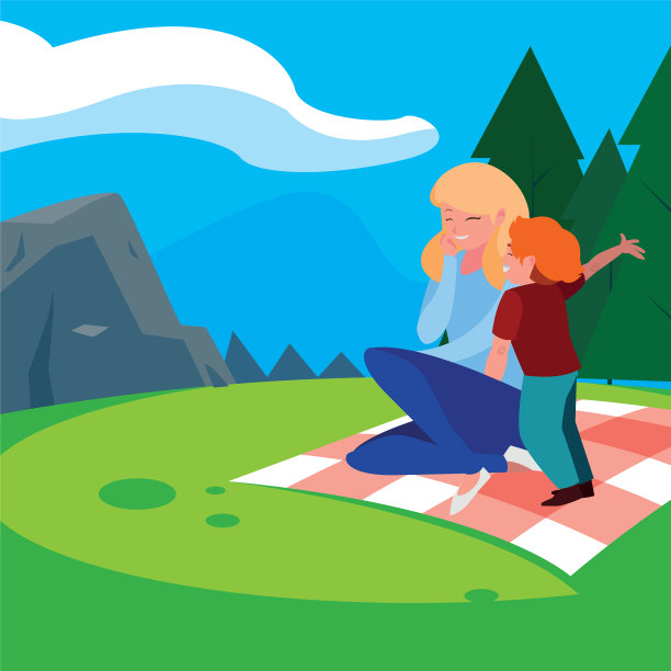 美丽的母亲和儿子在风景野餐图片下载