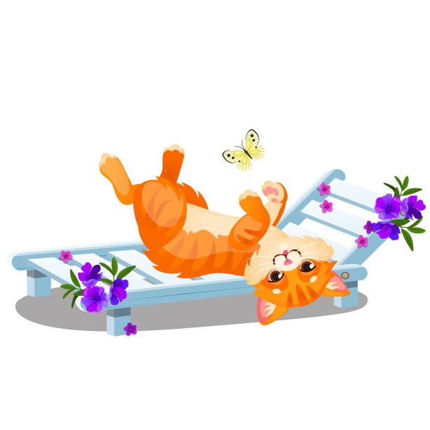 红色条纹动画猫躺在日光浴床上图片下载