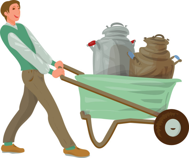 年轻的农民用小推车运牛奶图片下载