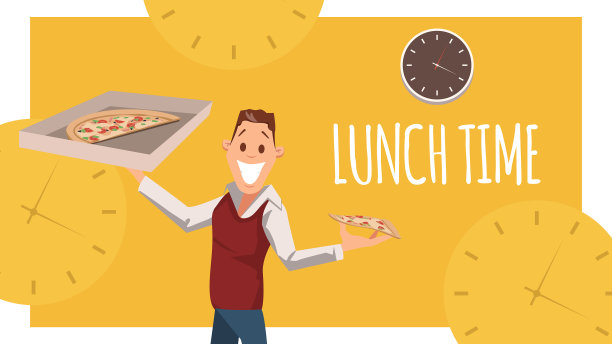 快乐的上班族站着拿着纸盒披萨图片下载