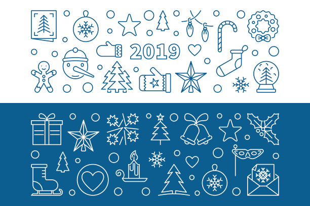 2019年新年系列2个蓝色大纲横幅图片下载