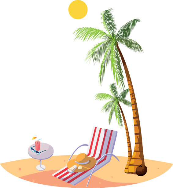 夏日海滩与棕榈树和椅子的场景图片下载