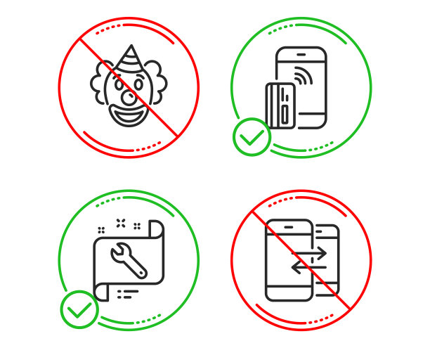 非接触式支付扳手和小丑图标设置图片下载