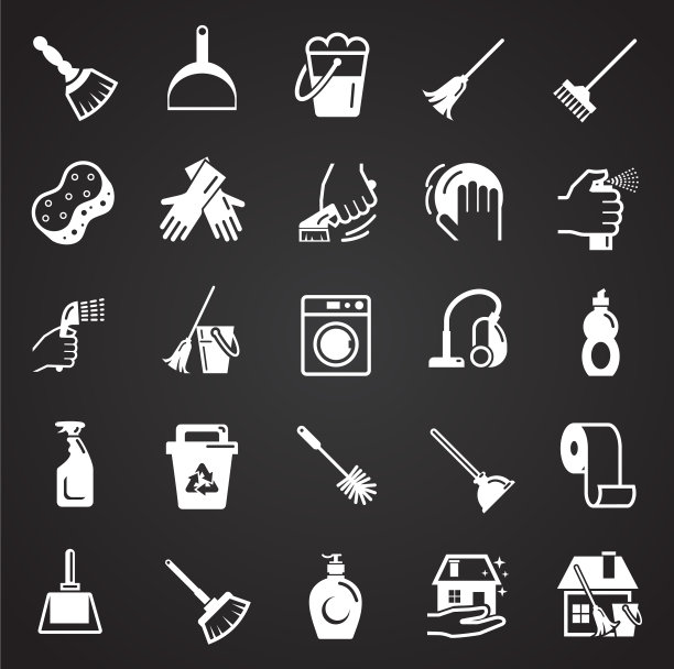 清洁图标设置为黑色背景的图形图片下载