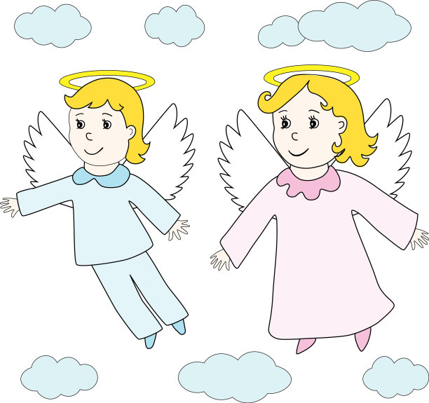 可爱的天使男孩和女孩在云中飞翔图片下载