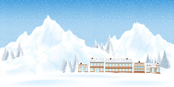 山上有滑雪场和松树屋图片下载