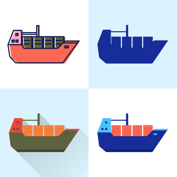 集装箱船图标设置在平面和线条风格图片下载
