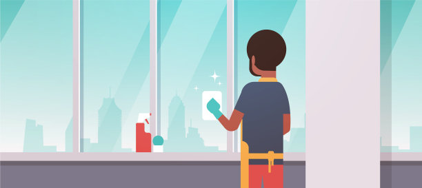 戴着手套和围裙的男人用抹布擦窗户图片下载