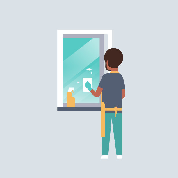 戴着手套和围裙的男人用抹布擦窗户图片下载