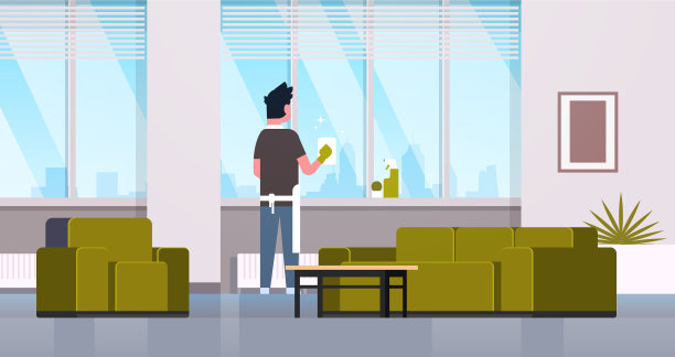 戴着手套和围裙的男人用抹布擦窗户图片下载