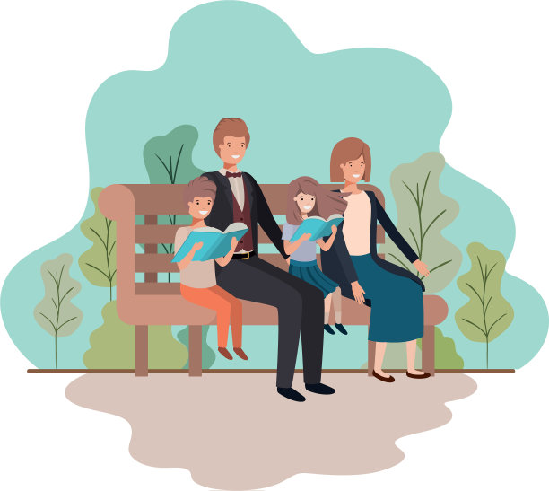 父母夫妇和孩子坐在公园的椅子上图片下载