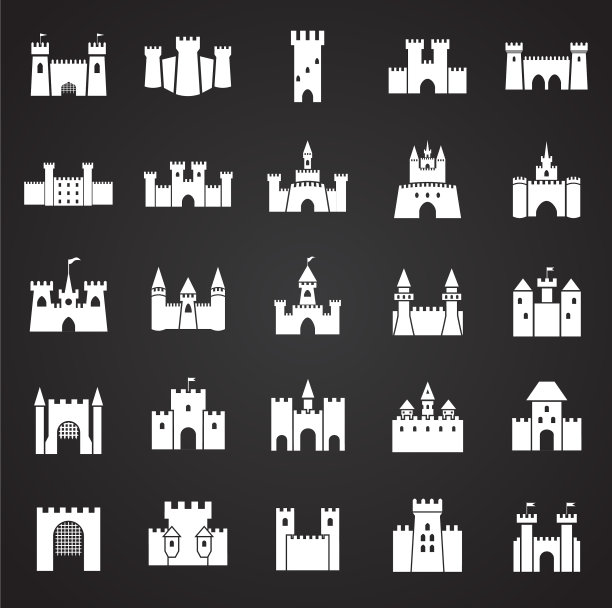 城堡图标设置在图形和网络的背景图片下载