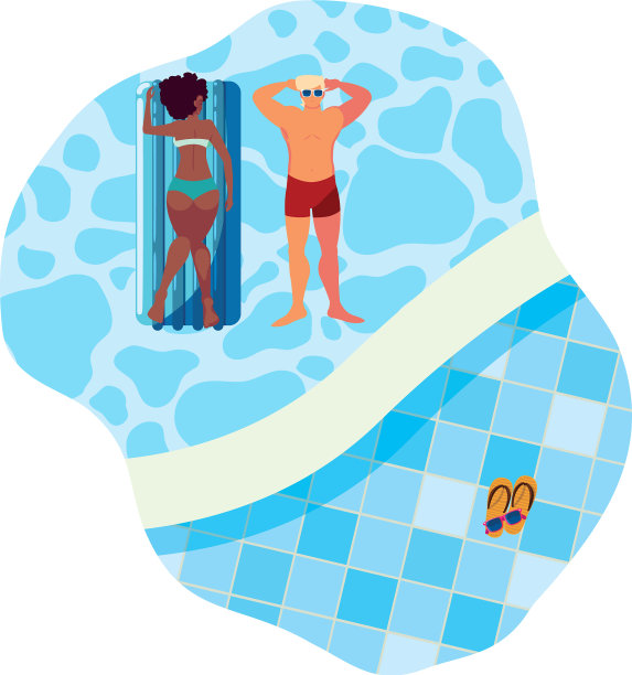 异族夫妇与浮在水中的床垫图片下载