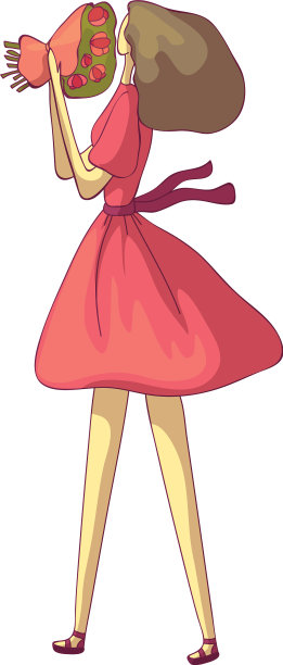 穿着红色连衣裙的黑发女子闻着图片下载