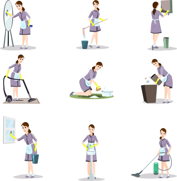设置清洁妇女在不同的姿势和家图片下载