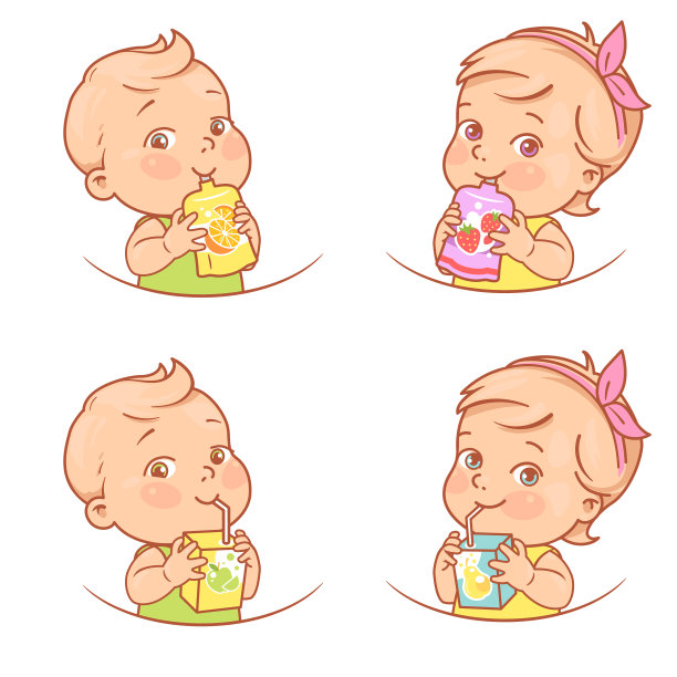 小女孩和小男孩喝果汁吃水果泥图片下载