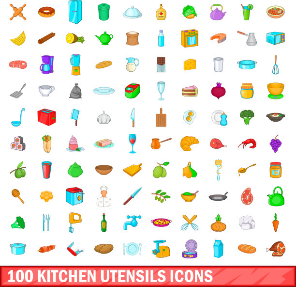100个厨房用具图标集卡通风格图片下载