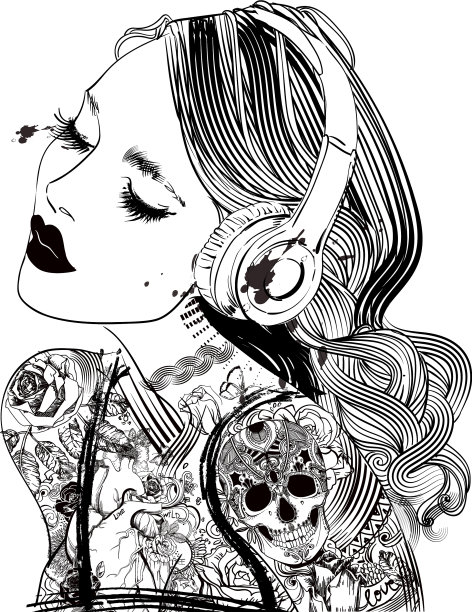 带着耳机和纹身的女人图片下载