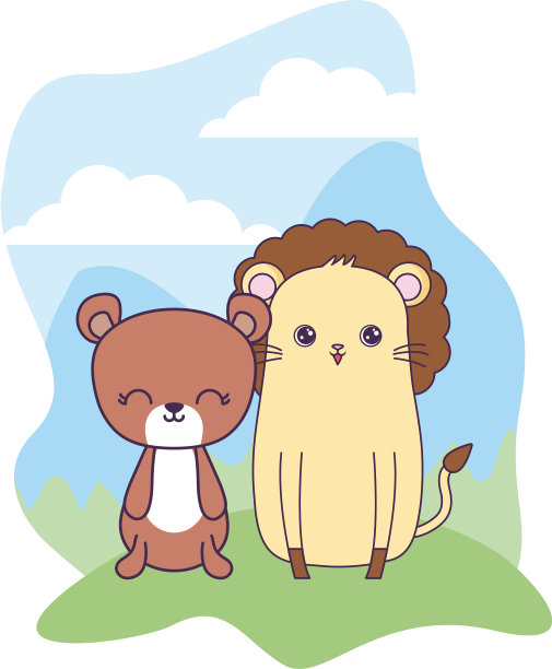 可爱的狮子和熊的动物在景观图片下载