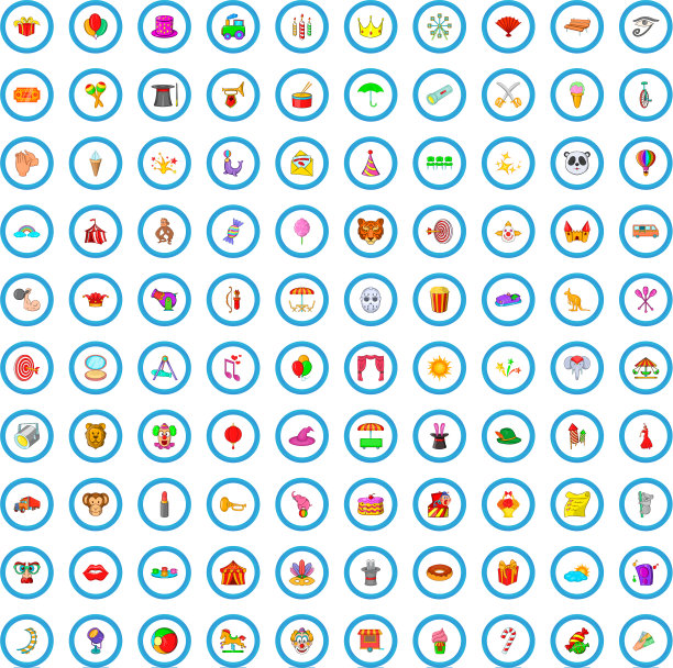 100旅行马戏团图标设置卡通风格图片下载