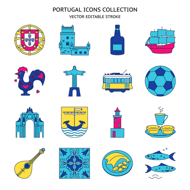 葡萄牙图标设置在彩色线条风格图片下载