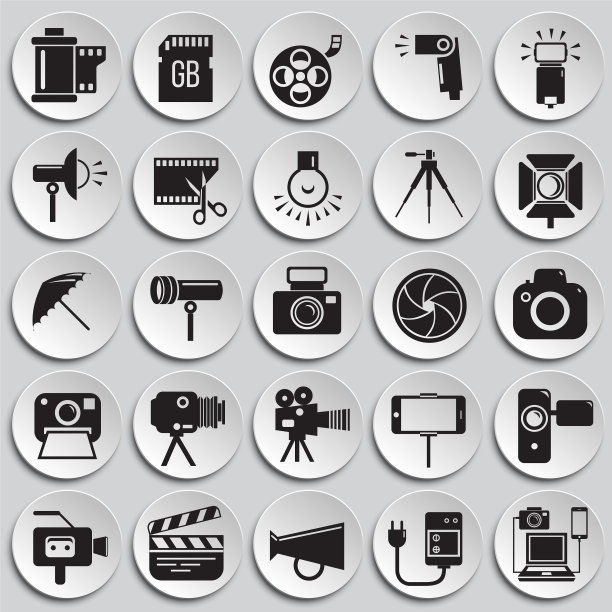 摄影和摄像图标设置在盘子上图片下载