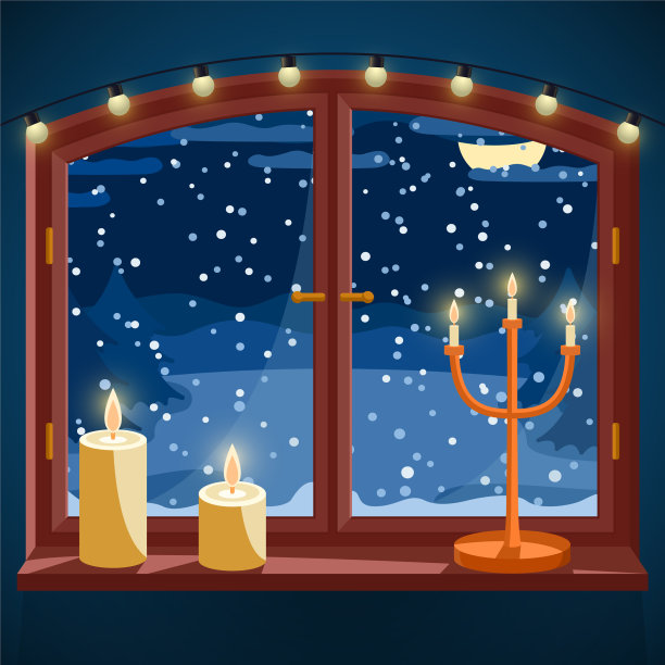 冬天窗户上有蜡烛和烛台图片下载