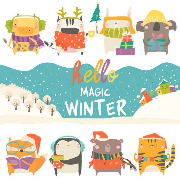 将可爱的动物与冬季主题设置在白色上图片下载