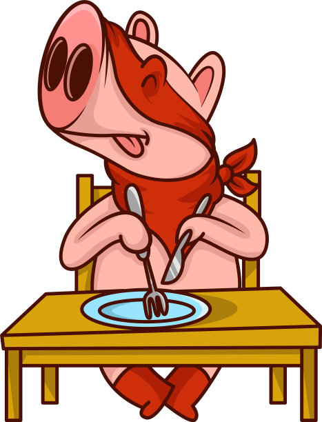 超级猪坐在桌子后面，拿着叉子图片下载