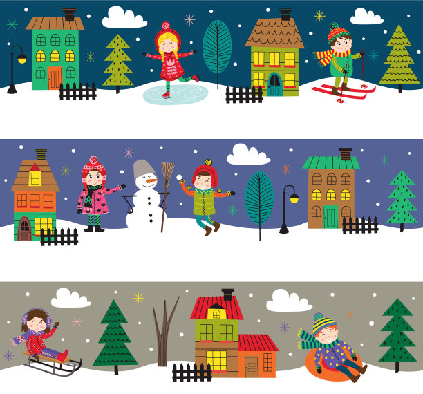 一套水平横幅与孩子在冬天的时间图片下载