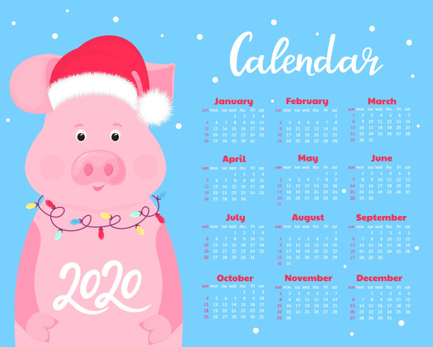 日历为2020周开始周日可爱的猪图片下载