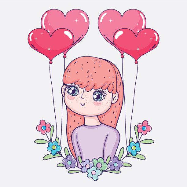 女孩带着心形气球和鲜花图片下载