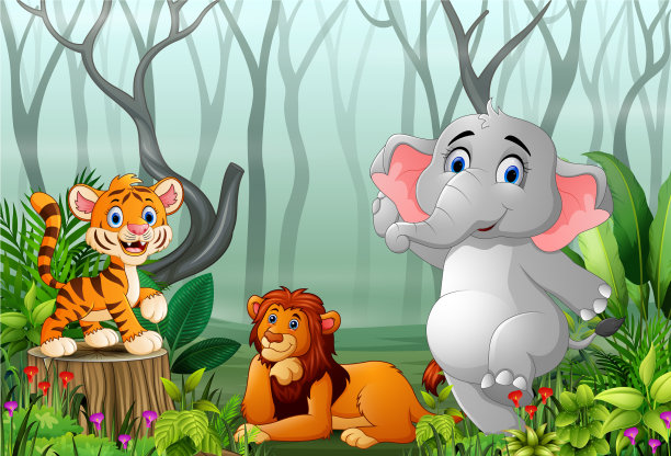 卡通动物与森林的观点在f图片下载