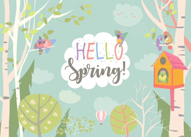 春天森林和小鸟的卡通画框图片下载