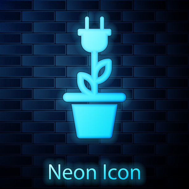 发光的霓虹灯电节省插头在锅图标图片下载