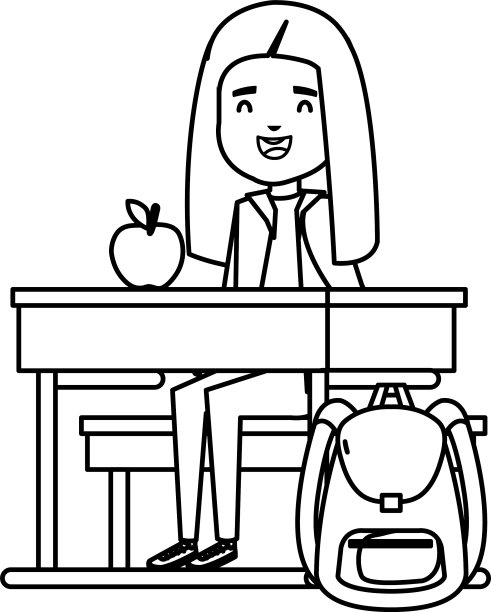 学生女孩坐在课桌和苹果和图片下载