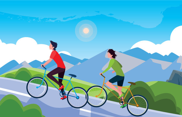 男人们骑着自行车在山水中为道路图片下载