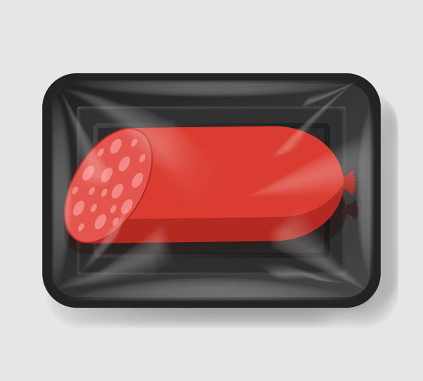 香肠在塑料托盘容器与玻璃纸图片下载