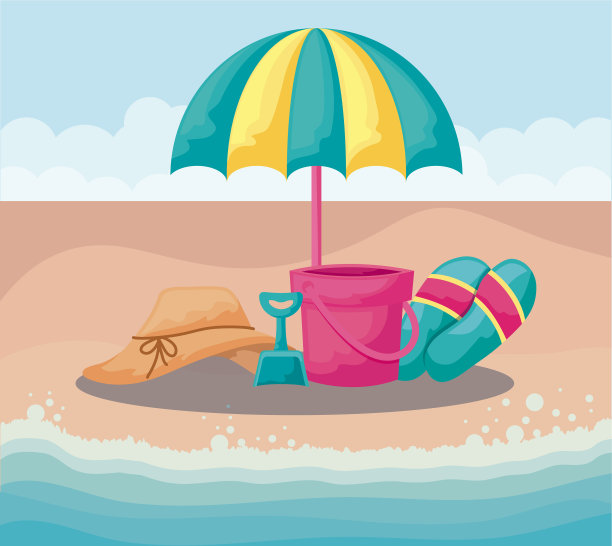 夏日海滩与伞和设置图标图片下载