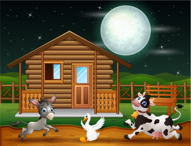 农场动物在夜景中嬉戏图片下载