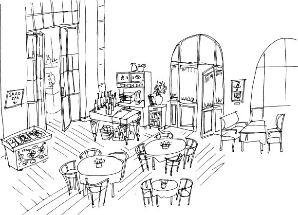 咖啡室内手绘线性图片下载