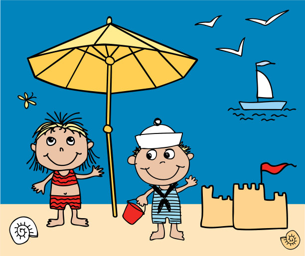 欢乐的孩子们在海滩上休息图片下载